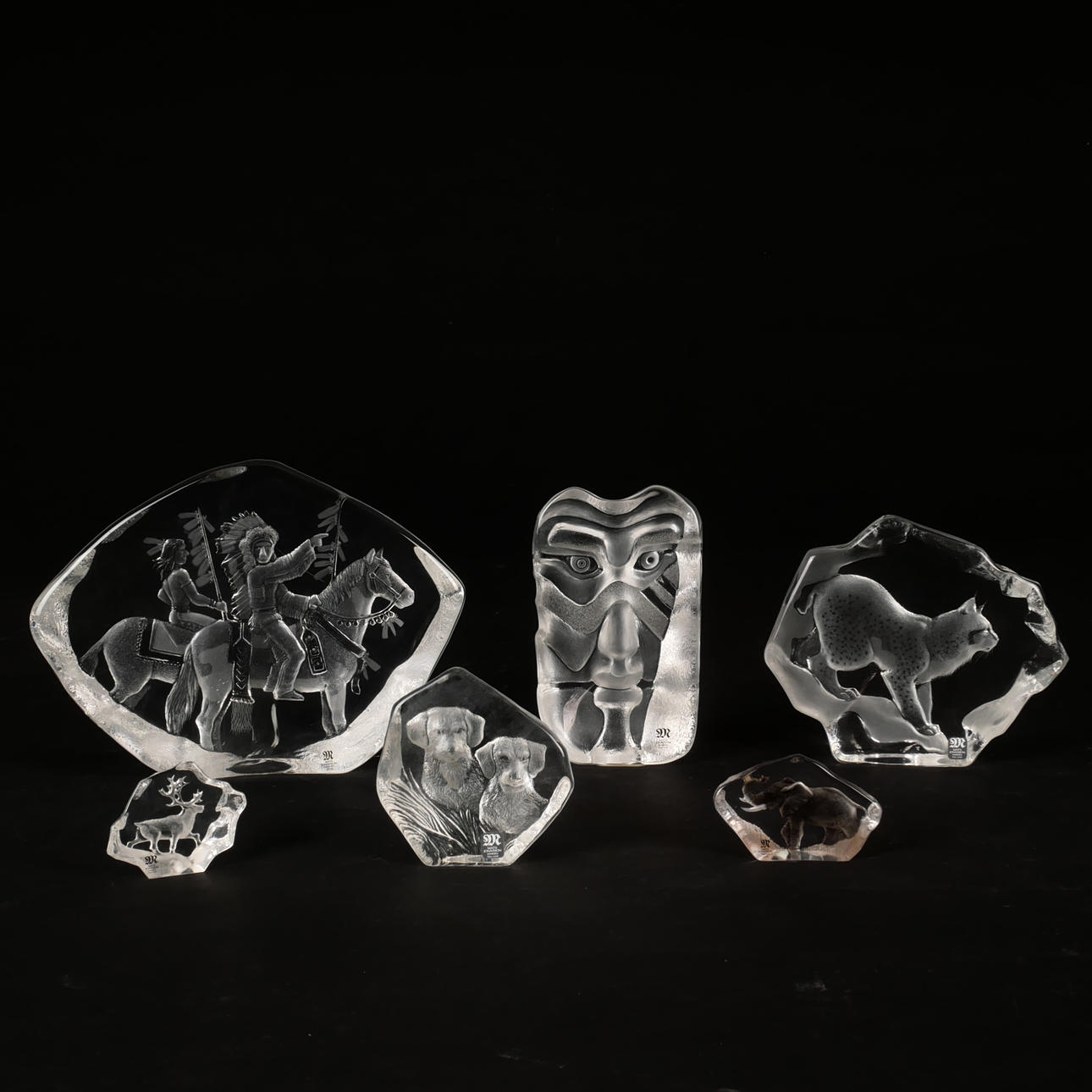 MATS JONASSON. Glass blocks, 6 pcs, Painted lock, signed.