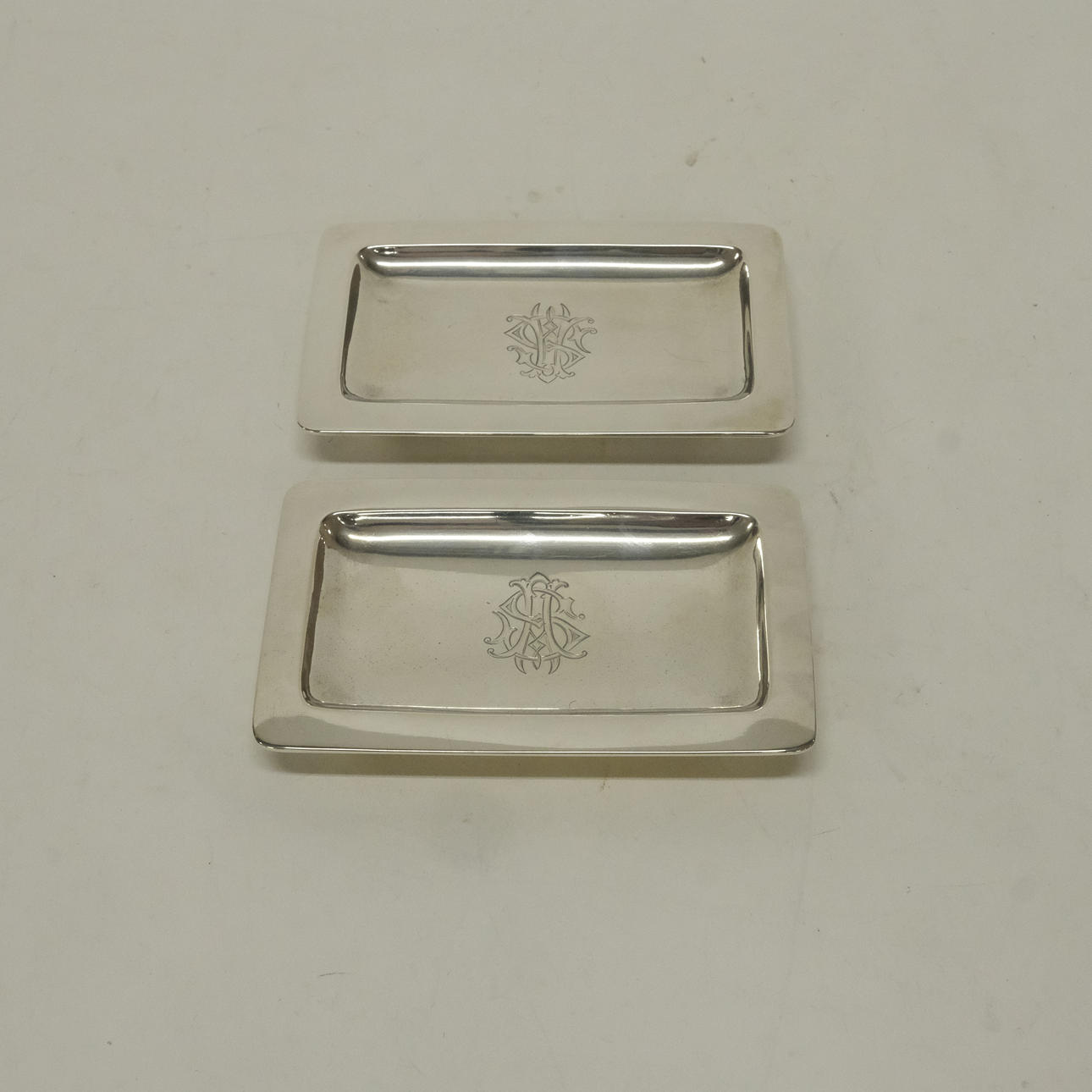 BUSINESS CARD PLATTER, SILVER, TWO PIECES.