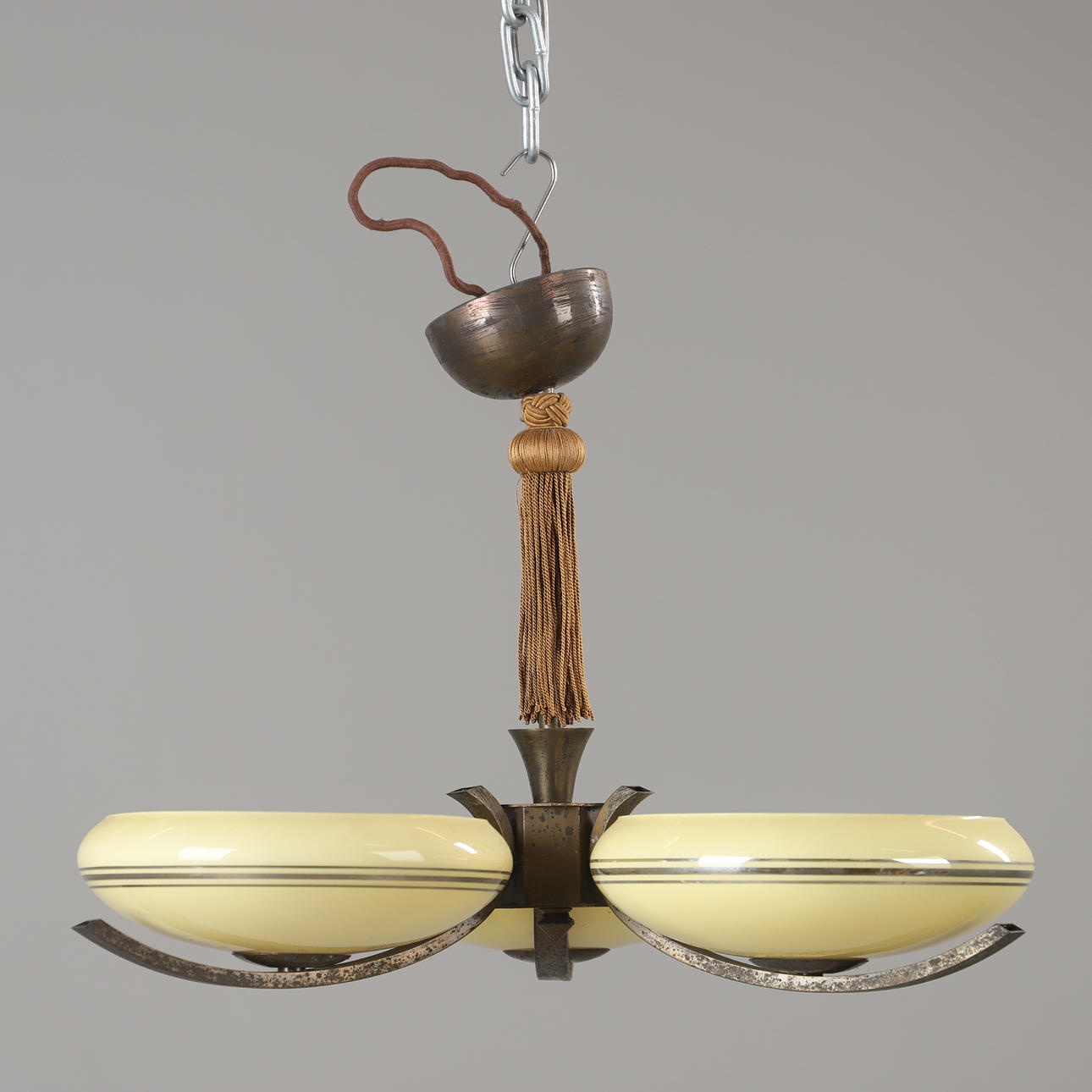 CEILING LAMP, brass with glass cups, 1920/30s.