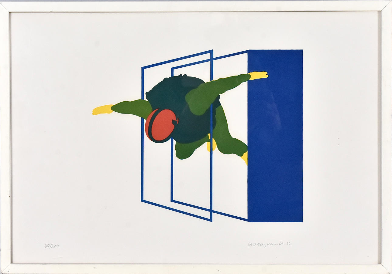 CARL MAGNUS. color lithography, skydiver.