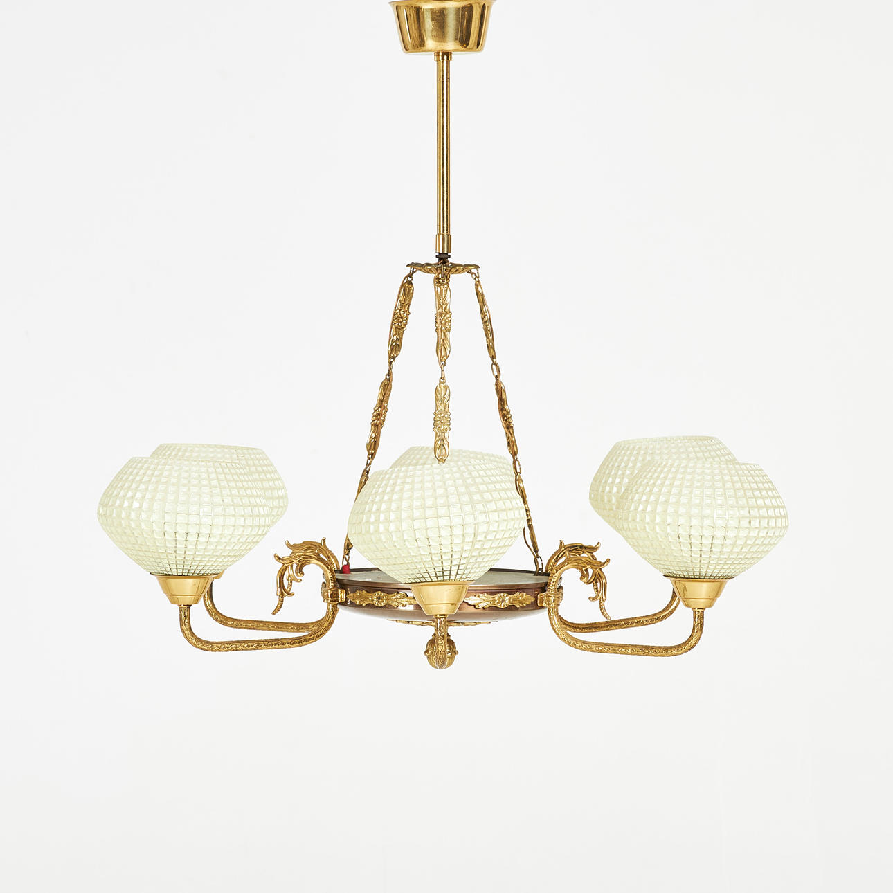 CEILING LAMP. 1940-50's, frame in brass, 6 light points, cups with relief pattern in grid.