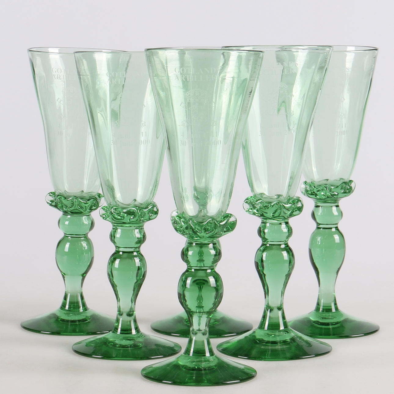 VINGLAS, 6 st. Glas, graverade för Gotlands Artilleri, Visby glasbruk, 2000.