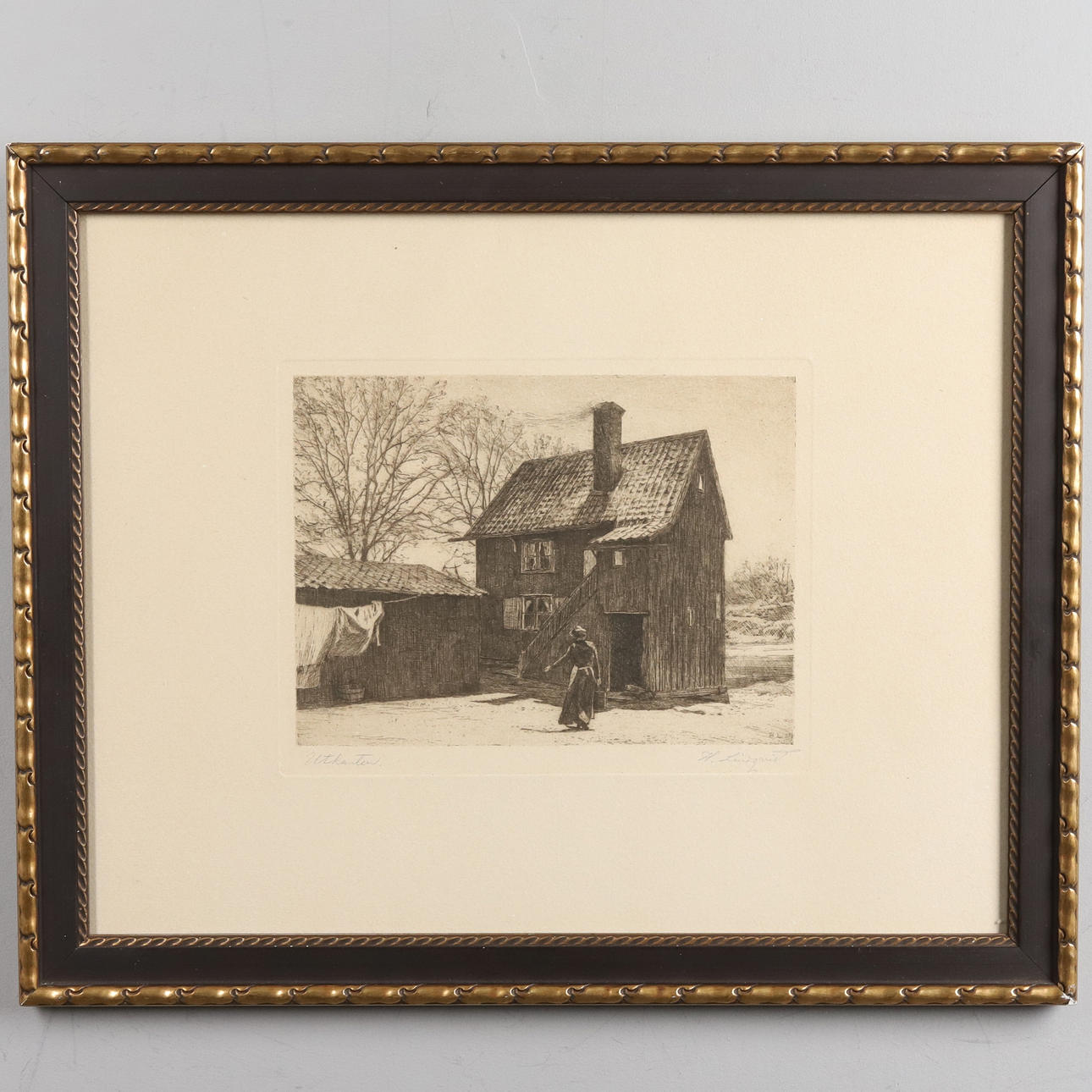 HERMAN LINDQVIST. ETCHING, “Outskirts”, signed.