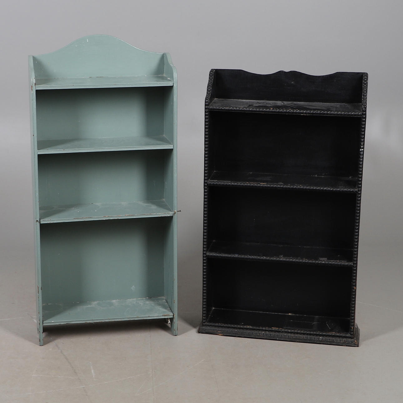 LATE 19TH / EARLY 20TH CENTURY EBONISED BOOKCASE WITH ANOTHER.