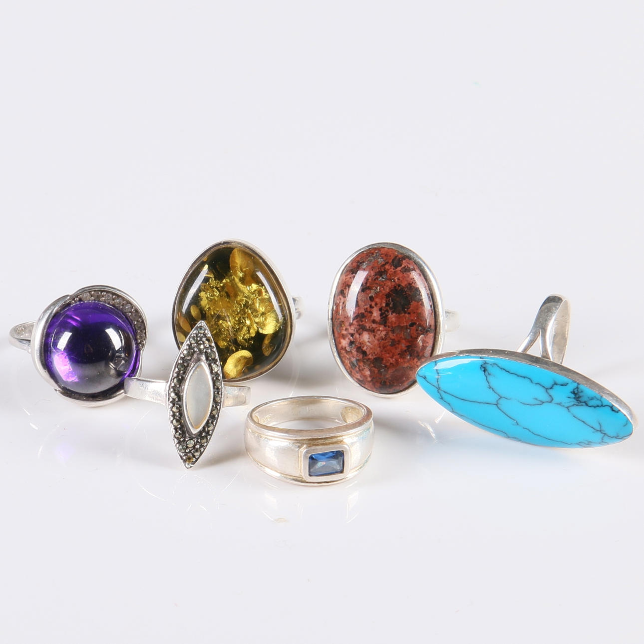 RINGAR, 6 st. Silver, med stenar, 1900-tal.