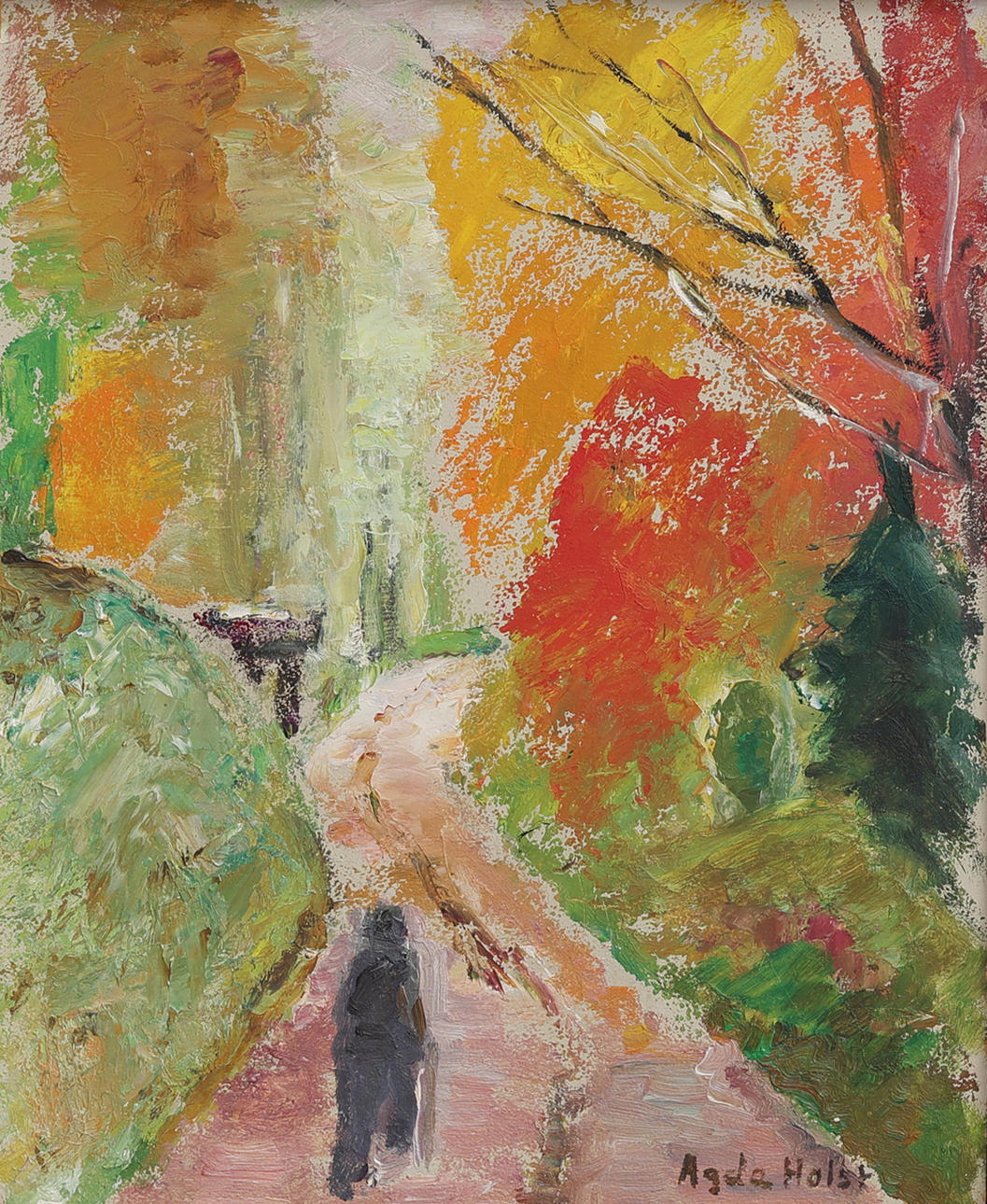AGDA HOLST. AUTUMN LANDSCAPE, OIL ON PANEL, SIGNED.