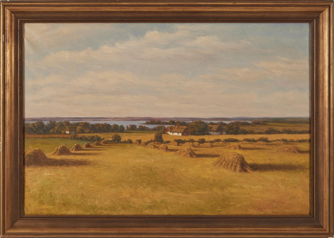 WILHELM WIDELL. View from the Scanian countryside, landscape with hay ...