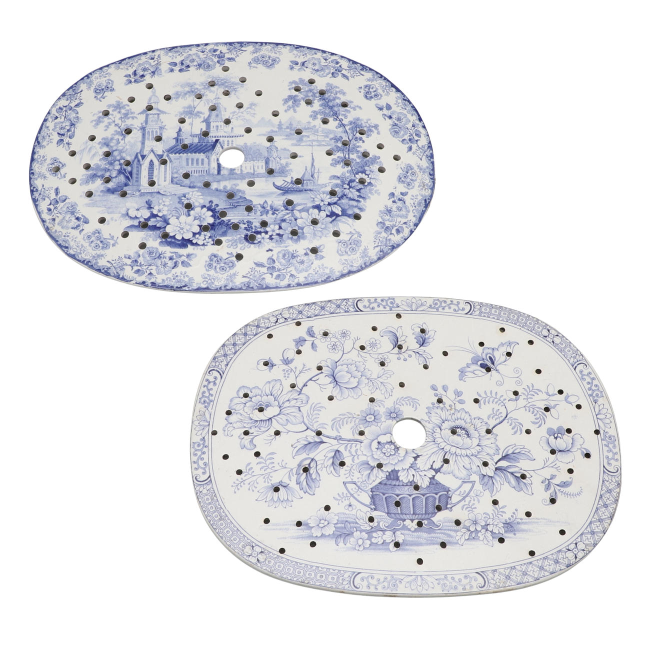 TWO 19THC ENGLISH POTTERY MEAT DRAINERS.