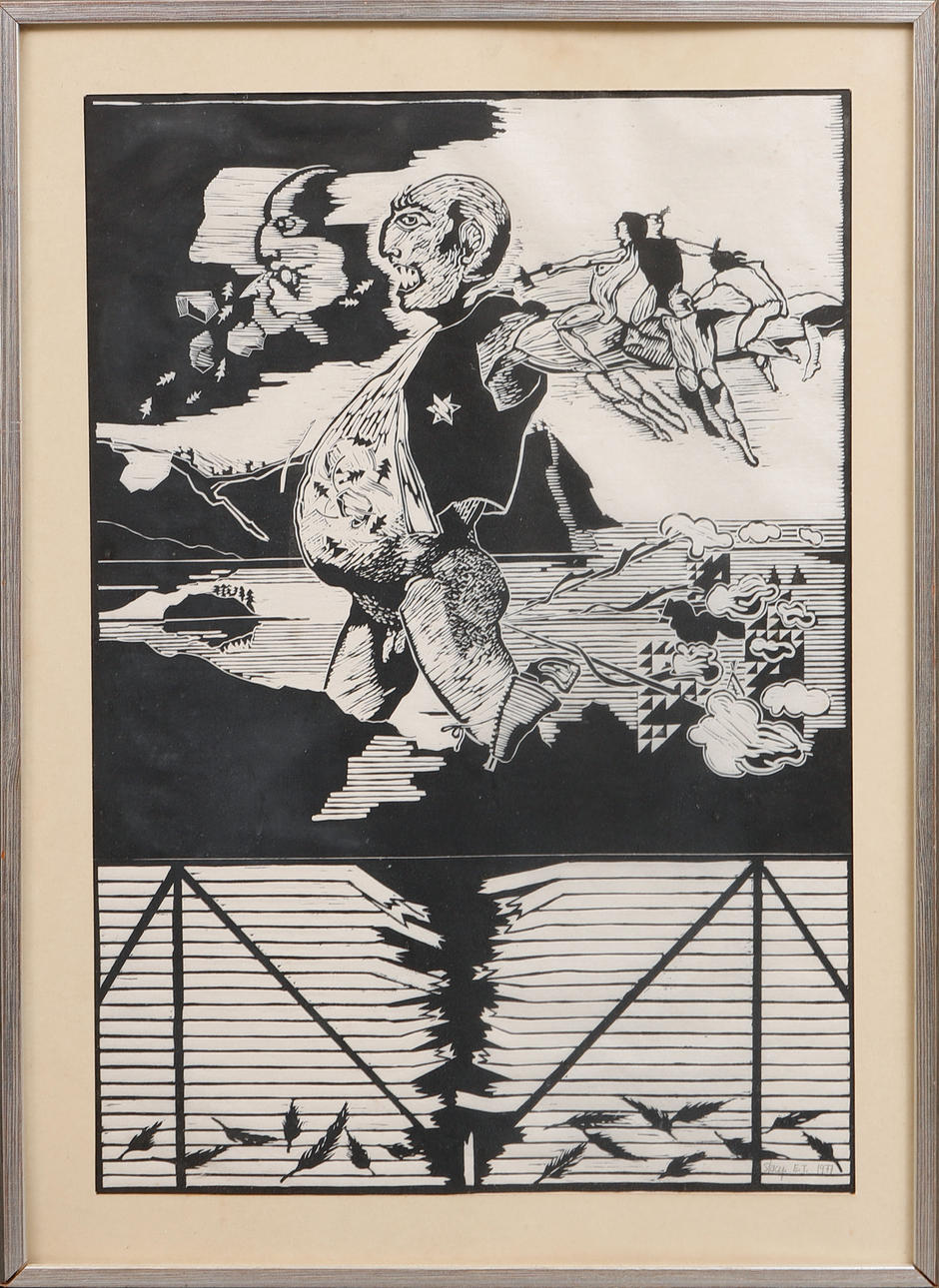 GRAHAM STACY. Composition, woodcut, signed and dated 1977.