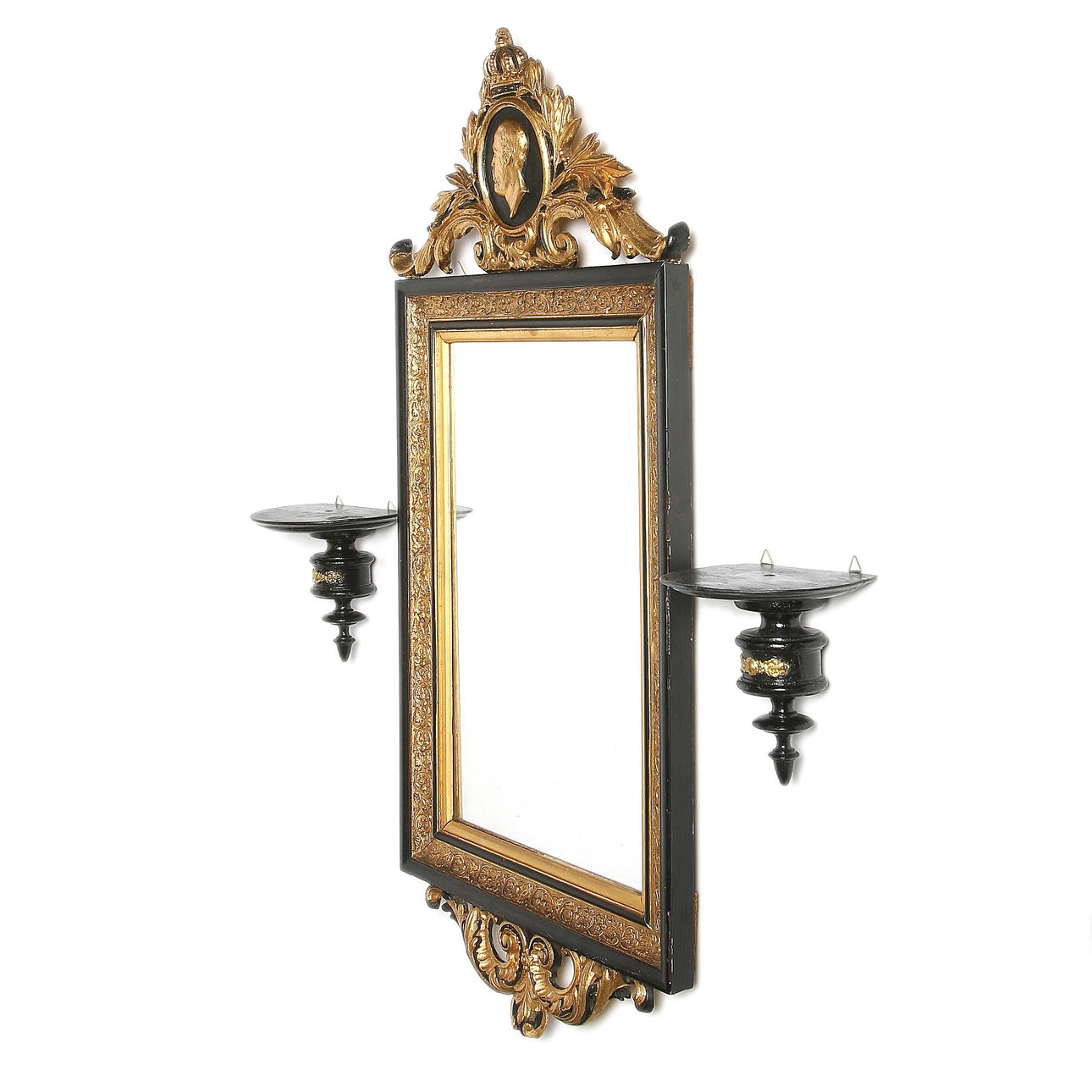 SPEGEL med KONSOLLHYLLOR, 3 delar, trä och pastellage, empir-stil, Oscar II, 18/1900-tal.