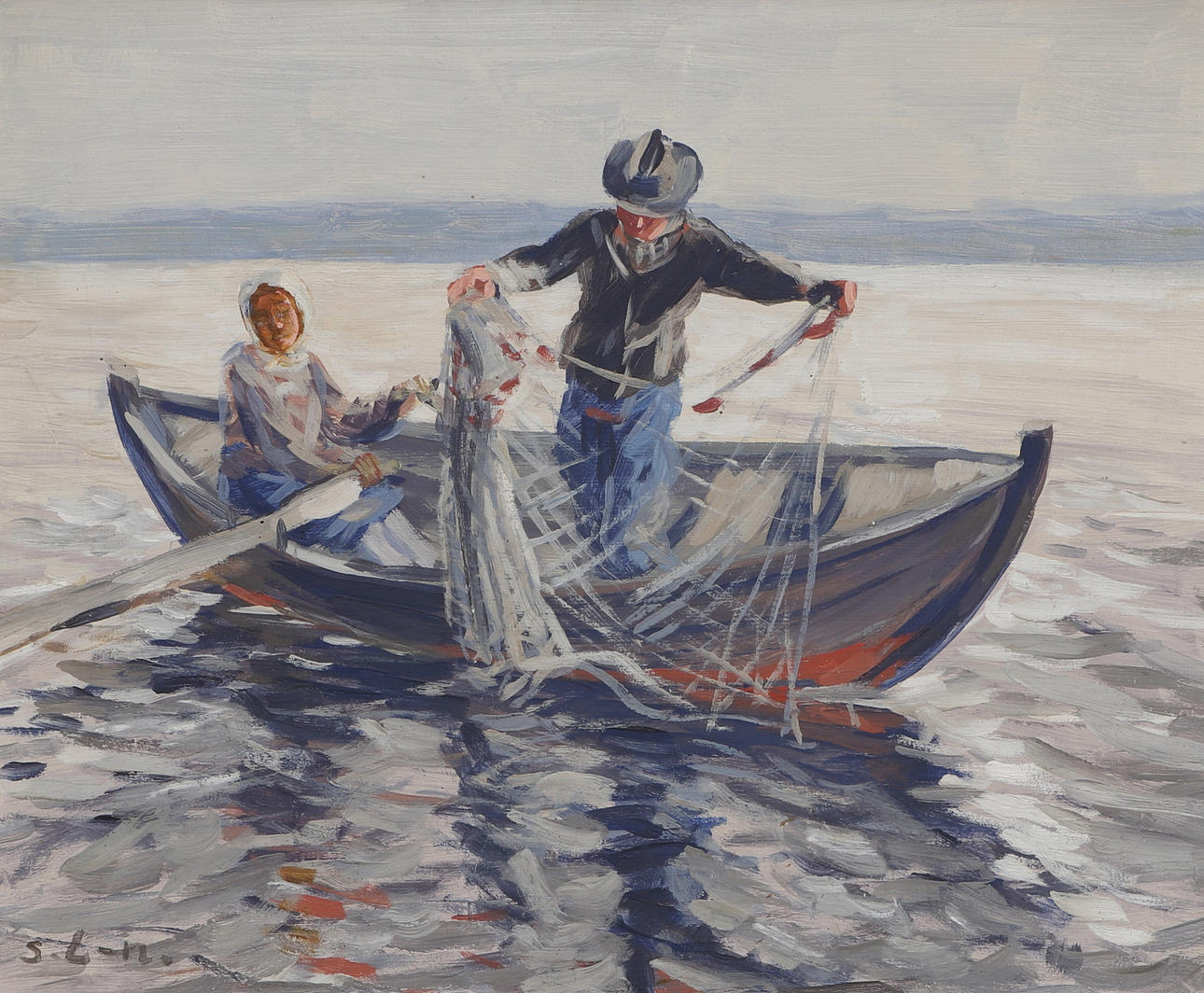 OIDENTIFIERAD KONSTNÄR. Oil on panel, fisherman, signed.