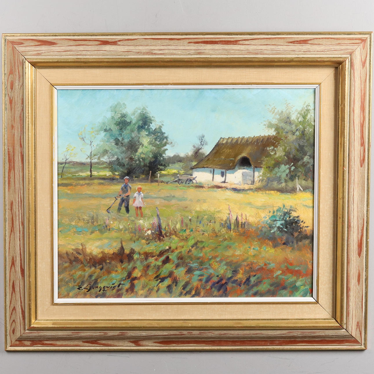 OIDENTIFIERAD KONSTNÄR. Oil on panel, “Gårdsmotiv”, signed E. Ljunqvist.