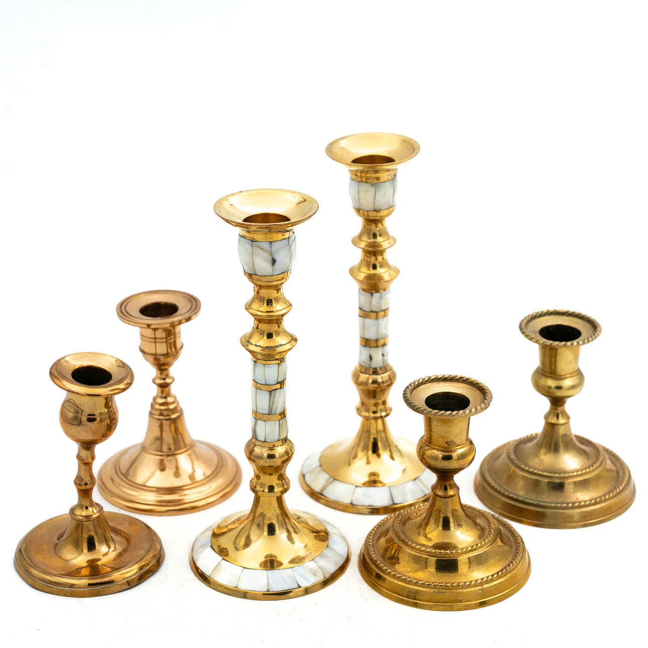 CANDLESTICKS, 3 pairs, Brass, (6pcs).