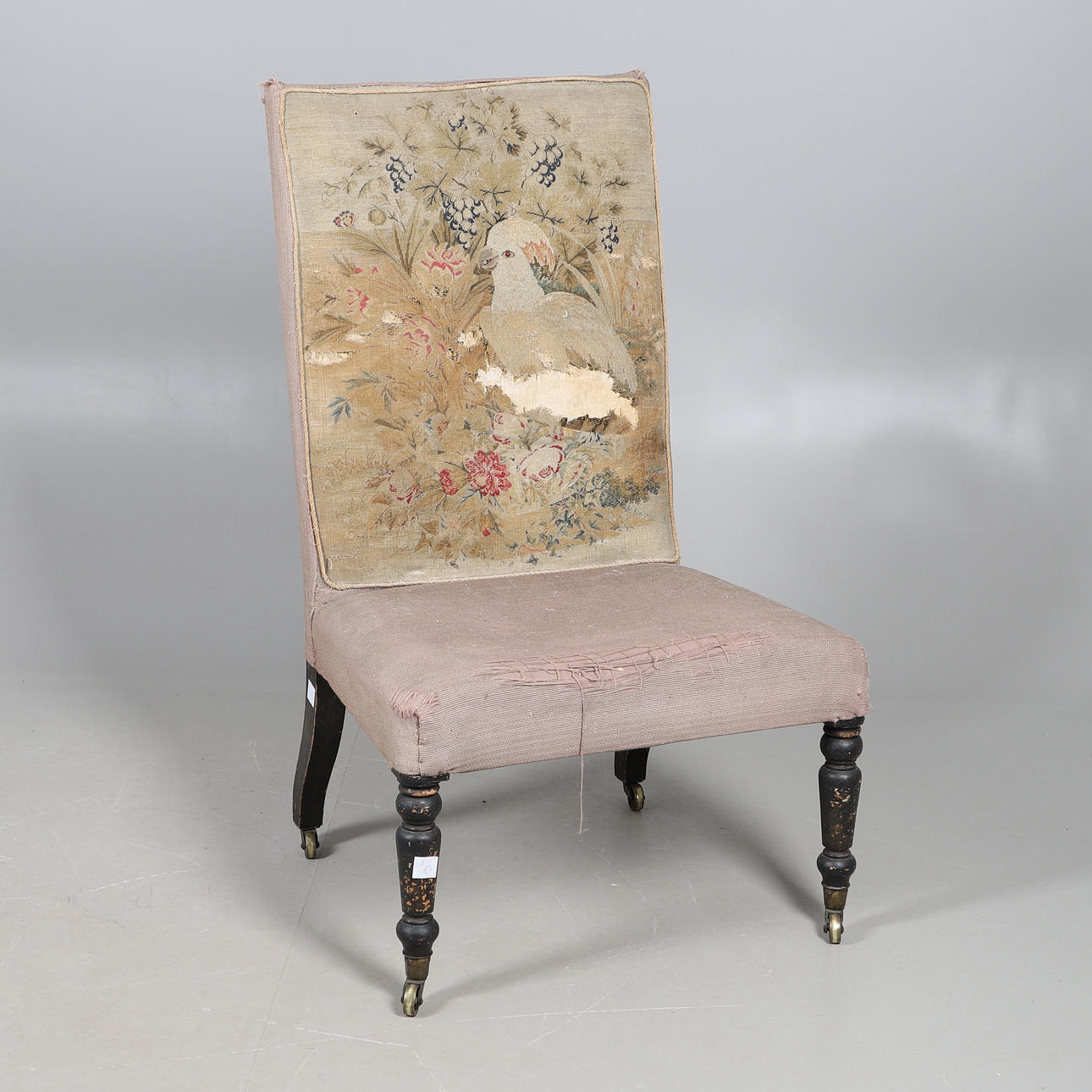 A 19TH CENTURY EBONISED AND NEEDLEWORK SIDE CHAIR.
