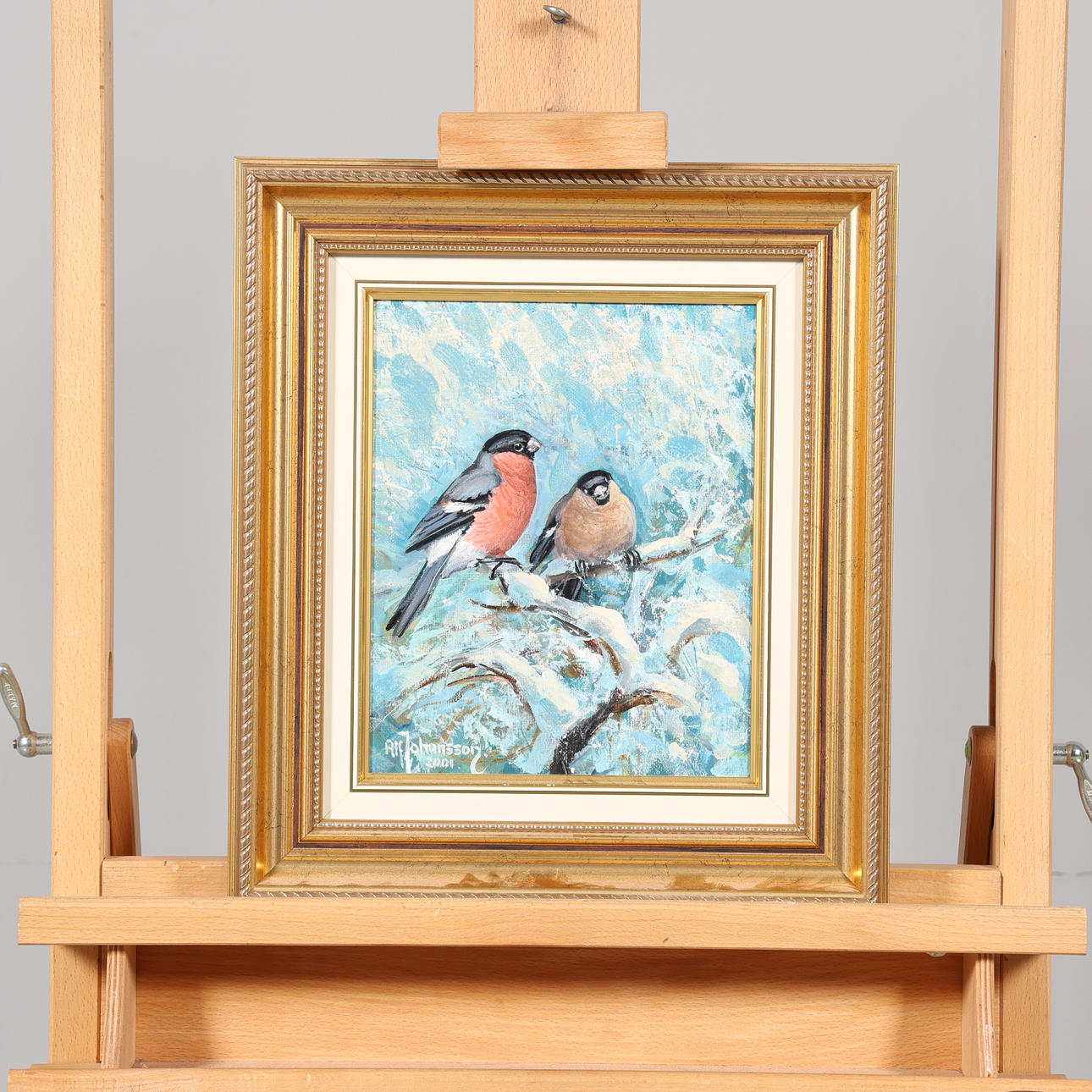 ALF JOHANSSON. OIL ON PANEL, “winter guests”, signed and dated 2001.