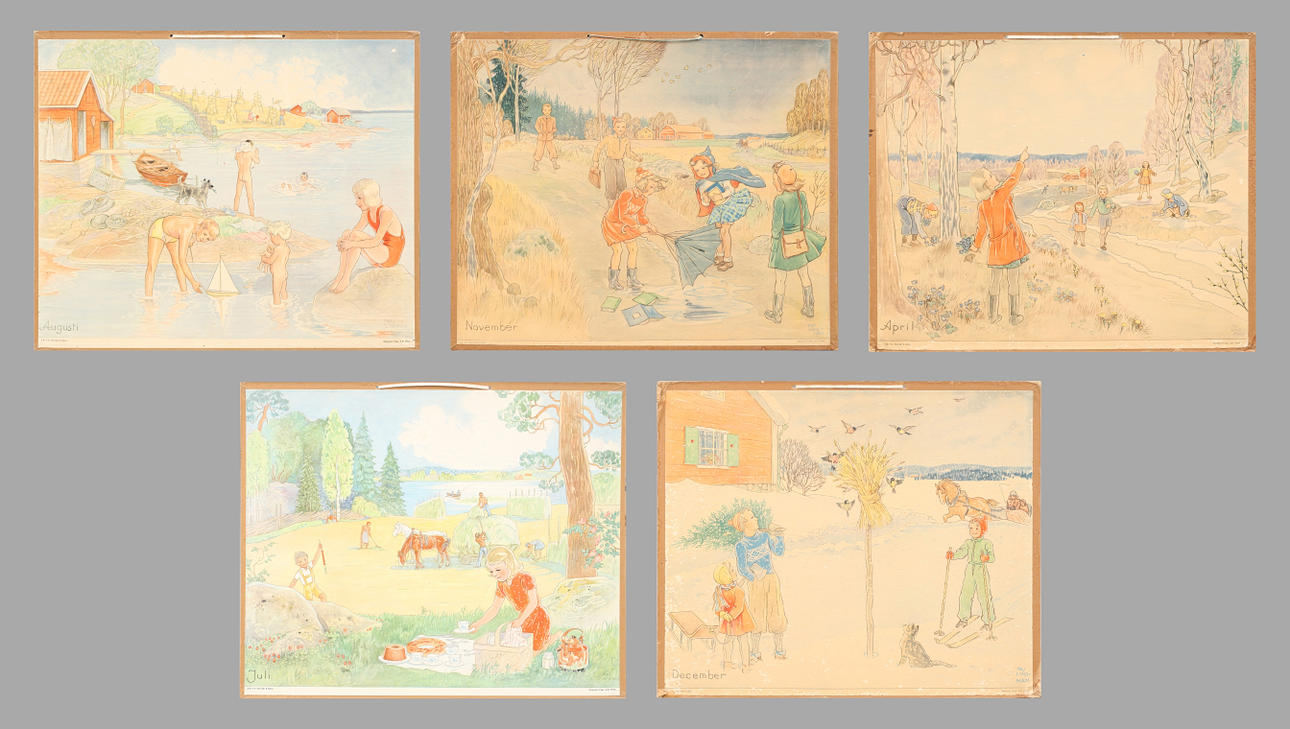 SKOLPLANSCHER, 5 st, offsettryck, motiv av olika månader.