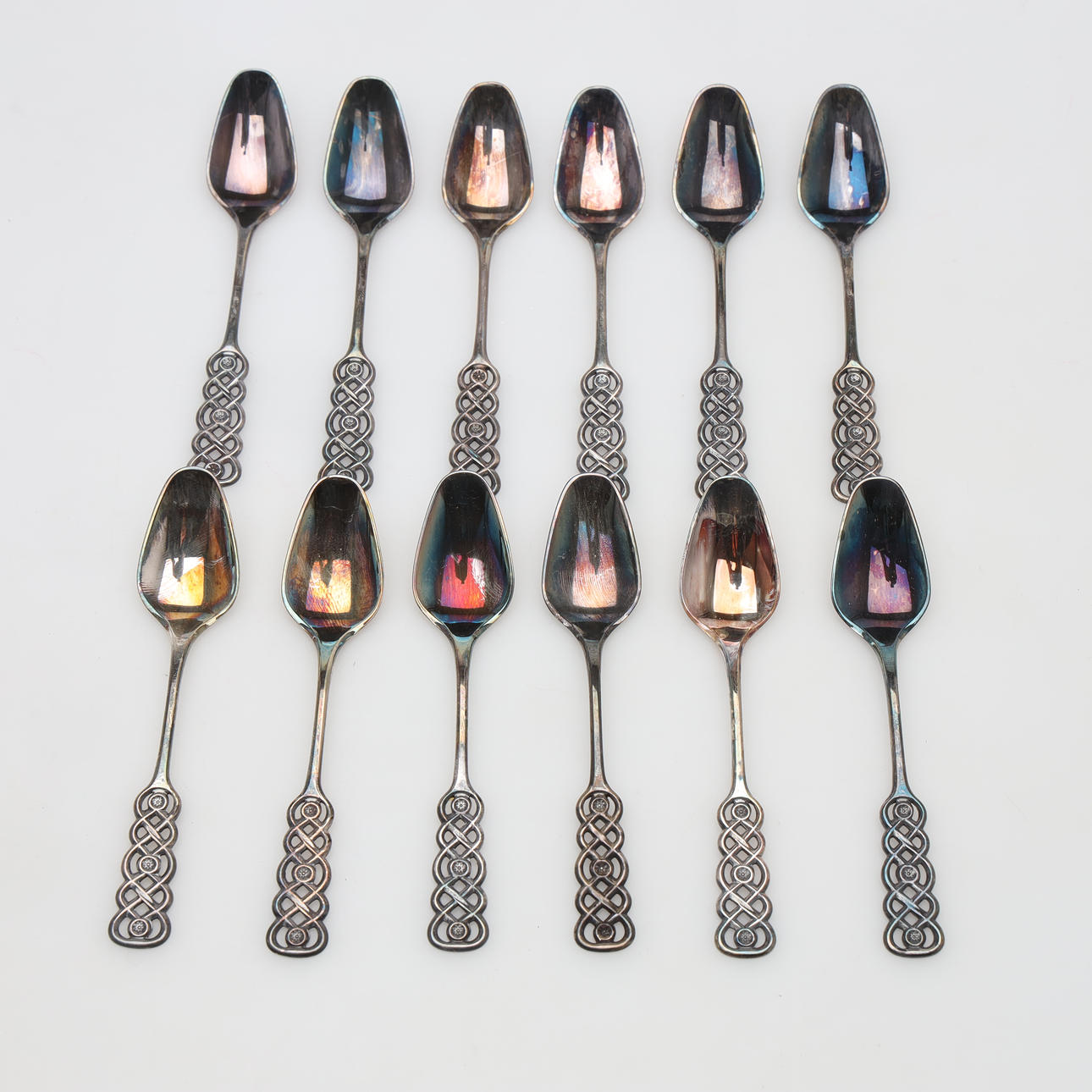 DAVID ANDERSEN. KAFFESKEDAR, 12 stycken, silver, Ringebu, Norge.