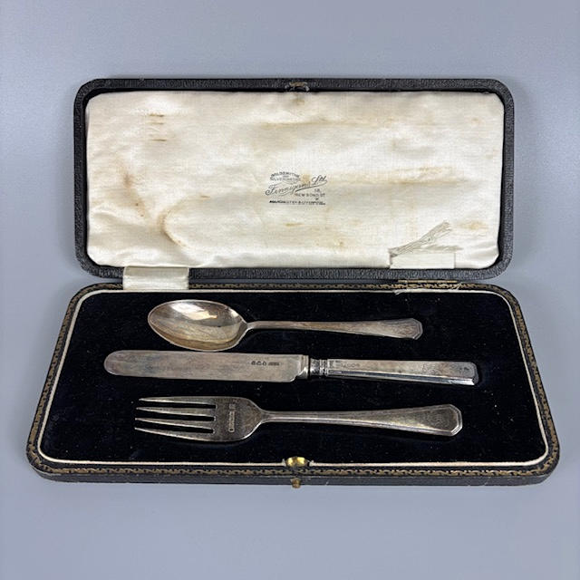 ENGLISH SILVER, CHRISTENING KNIFE, FORK, SPOON.