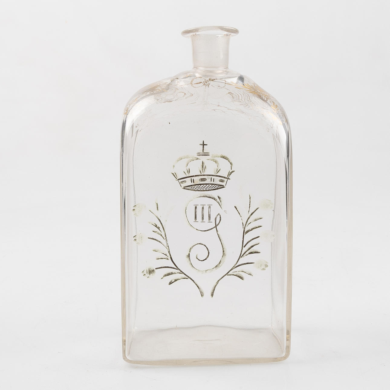 BRÄNNVINSFLASKA, 1800-tal, med Gustav III:e monogram.