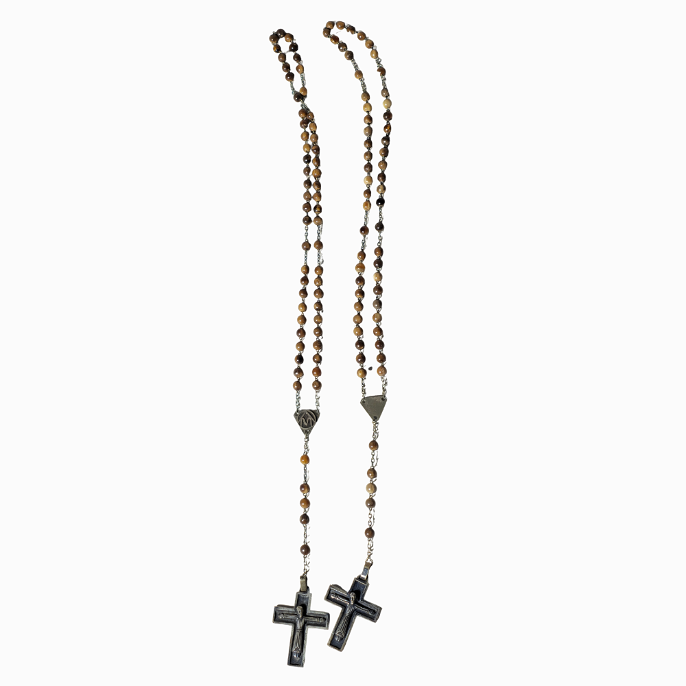TWO ROSARIES WITH SILVER CROSS.