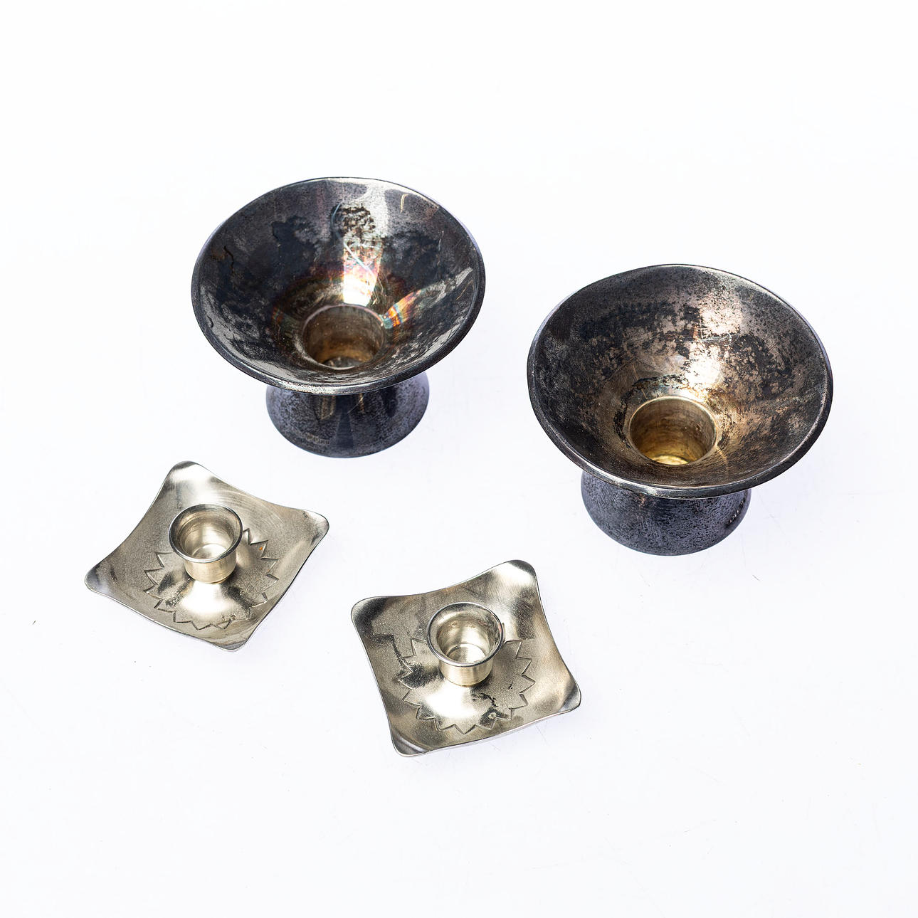 CANDLESTICKS, 2 pairs, silver & pewter.