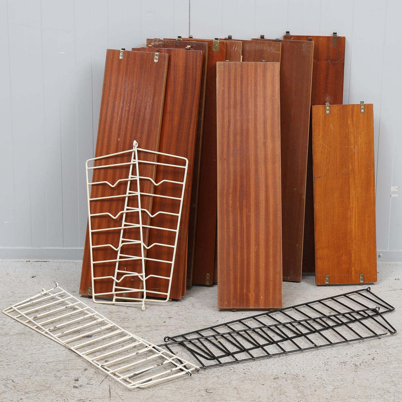 SHELVES, lot, 17 pieces, string model, teak veneer.