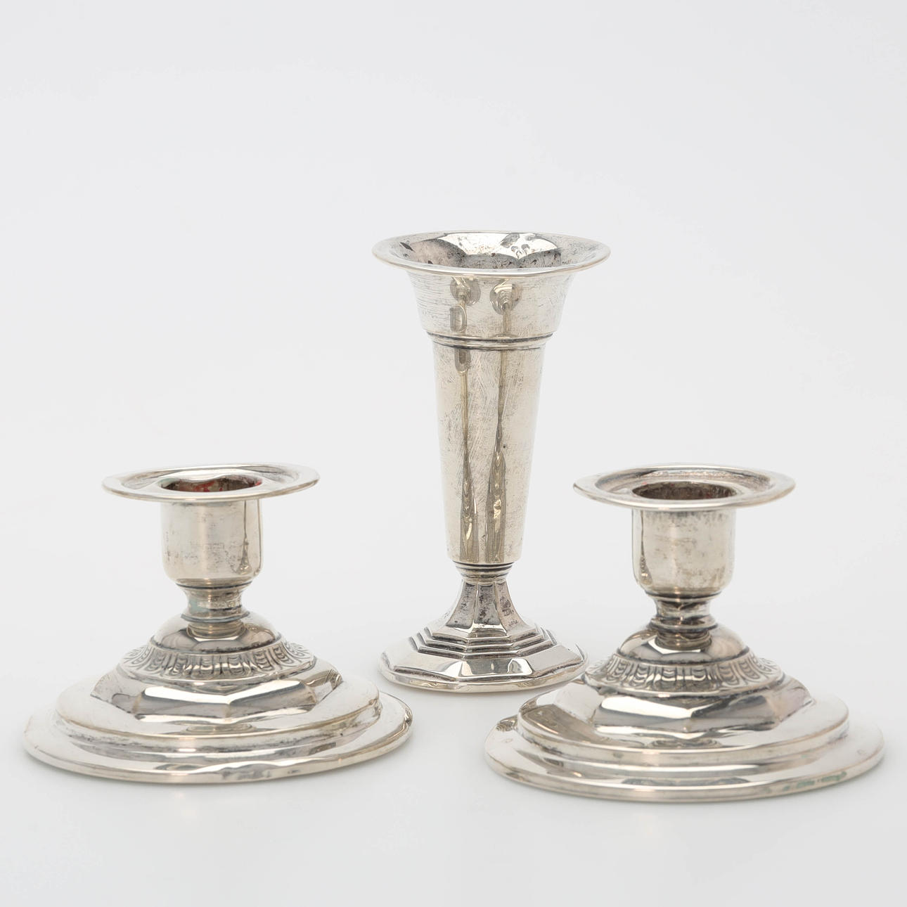 CANDLESTICKS and vase, 3 pieces, silver.