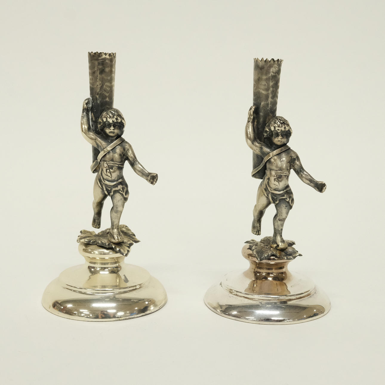 CANDLESTICKS, A PAIR, NICKEL SILVER.
