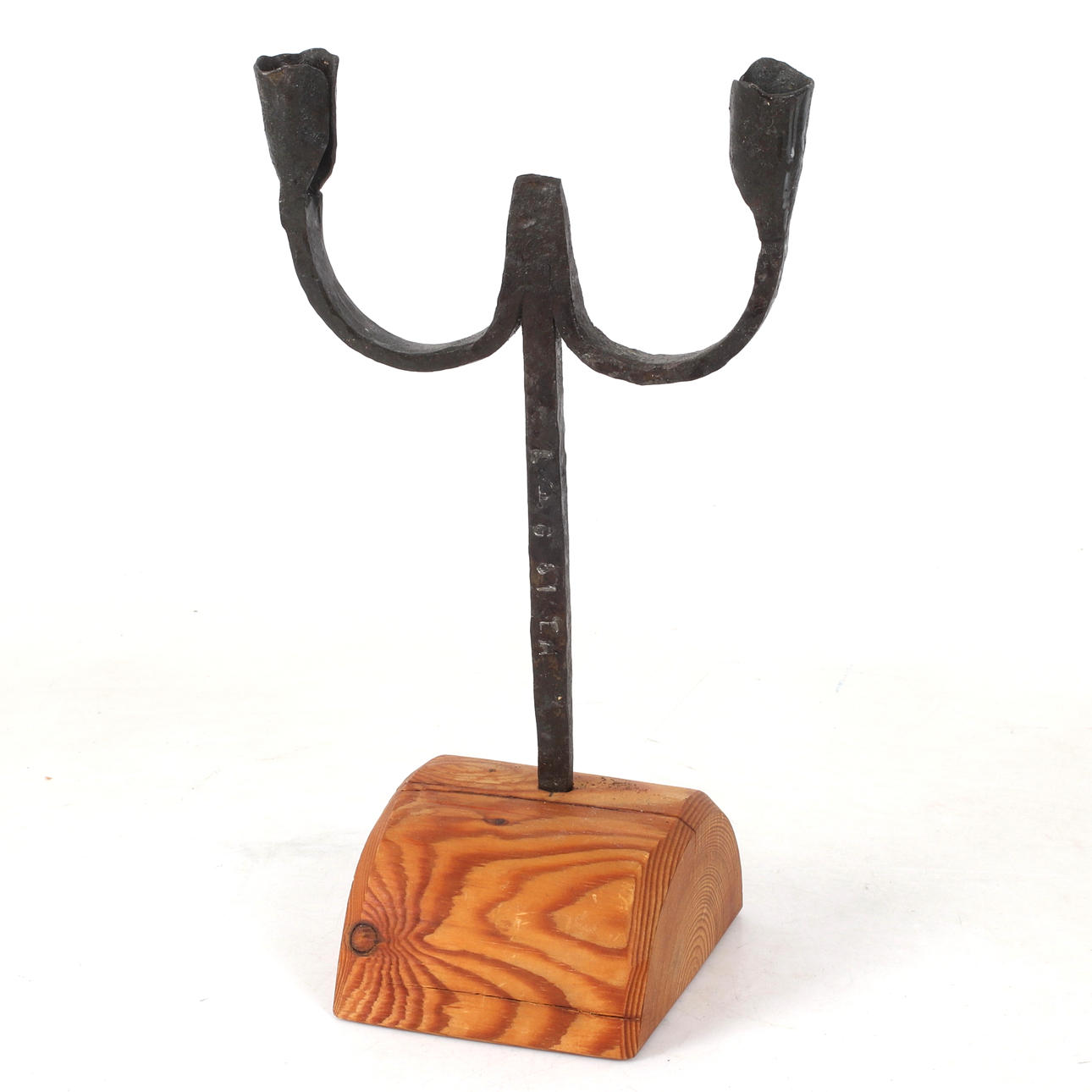 CANDLESTICK, wrought on wooden blocks, signed and dated -81.