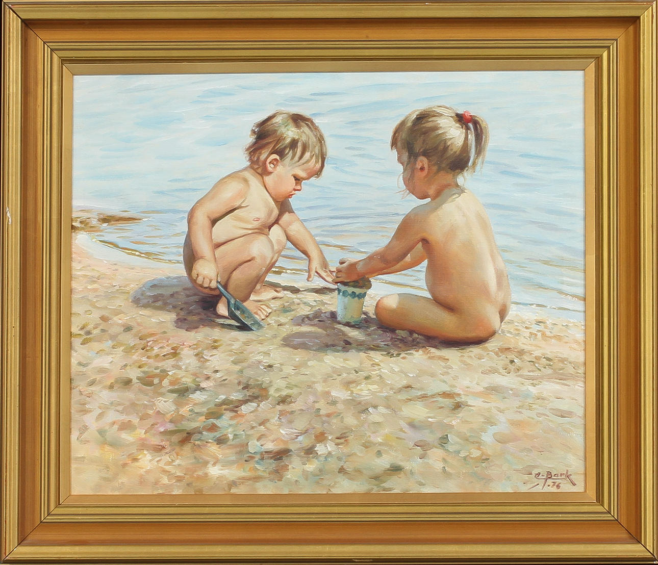 ARNE BARK. Lekande barn vid strandkant, olja på duk,signerad och daterad-76.