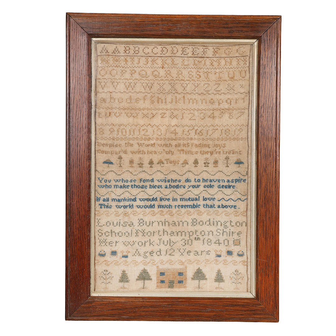 A VICTORIAN NEEDLEWORK SAMPLER BY LOUISA BURNHAM DATED 1840.