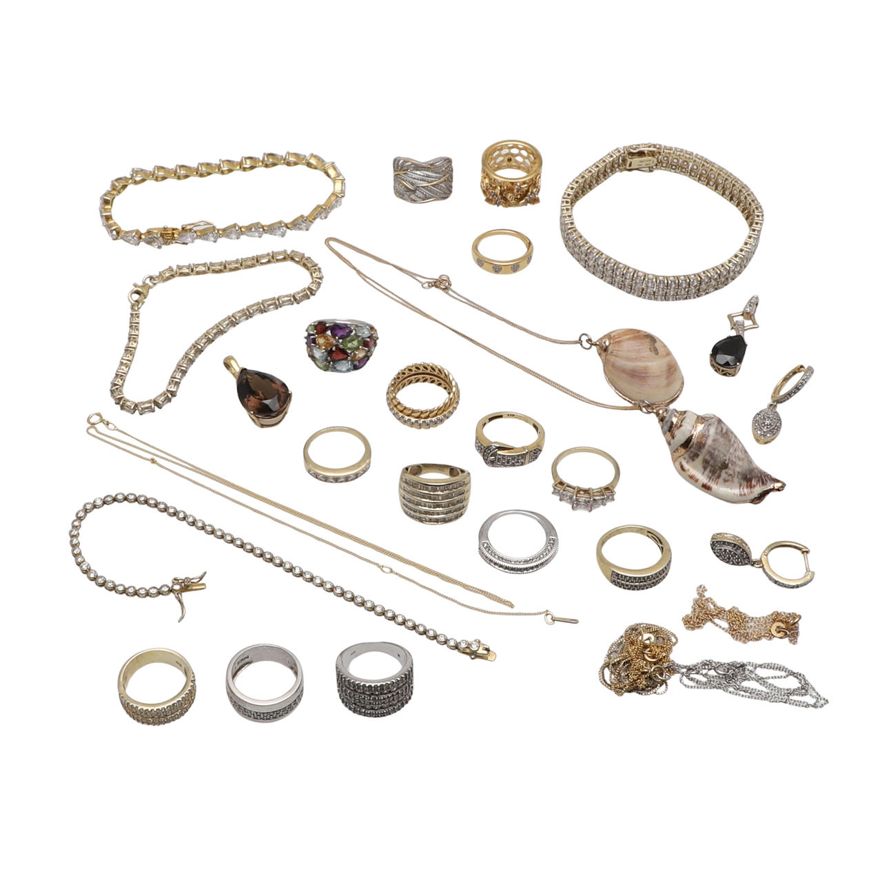 SILVER GILT AND CZ BRACELETS, SILVER RINGS ETC.