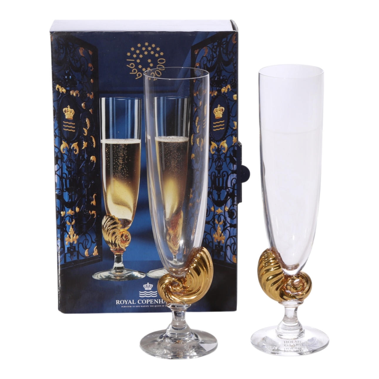 DARRYL HINTZ. Two signed “Neptune Millenium” champagne glasses.