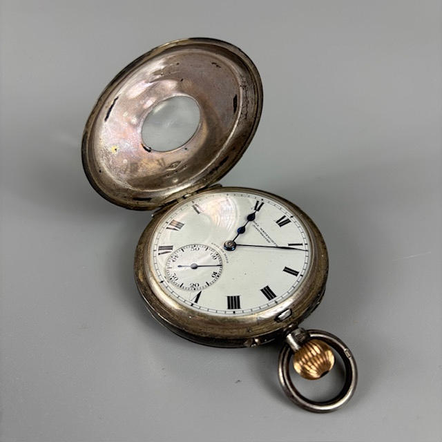 SILVER HALF HUNTER POCKET WATCH.