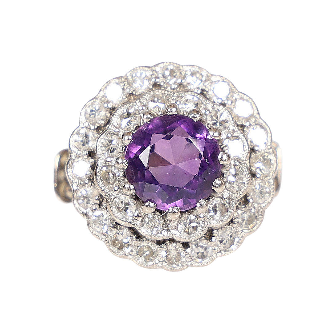 AMETHYST & DIAMOND DOUBLE CLUSTER RING.