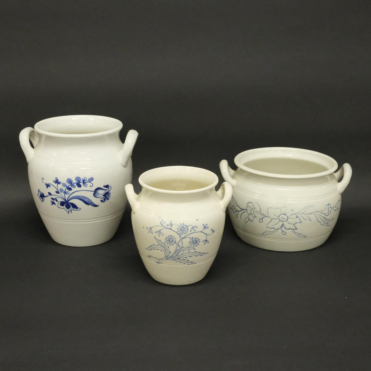 MUGS, BLUE-WHITE, THREE PIECES.