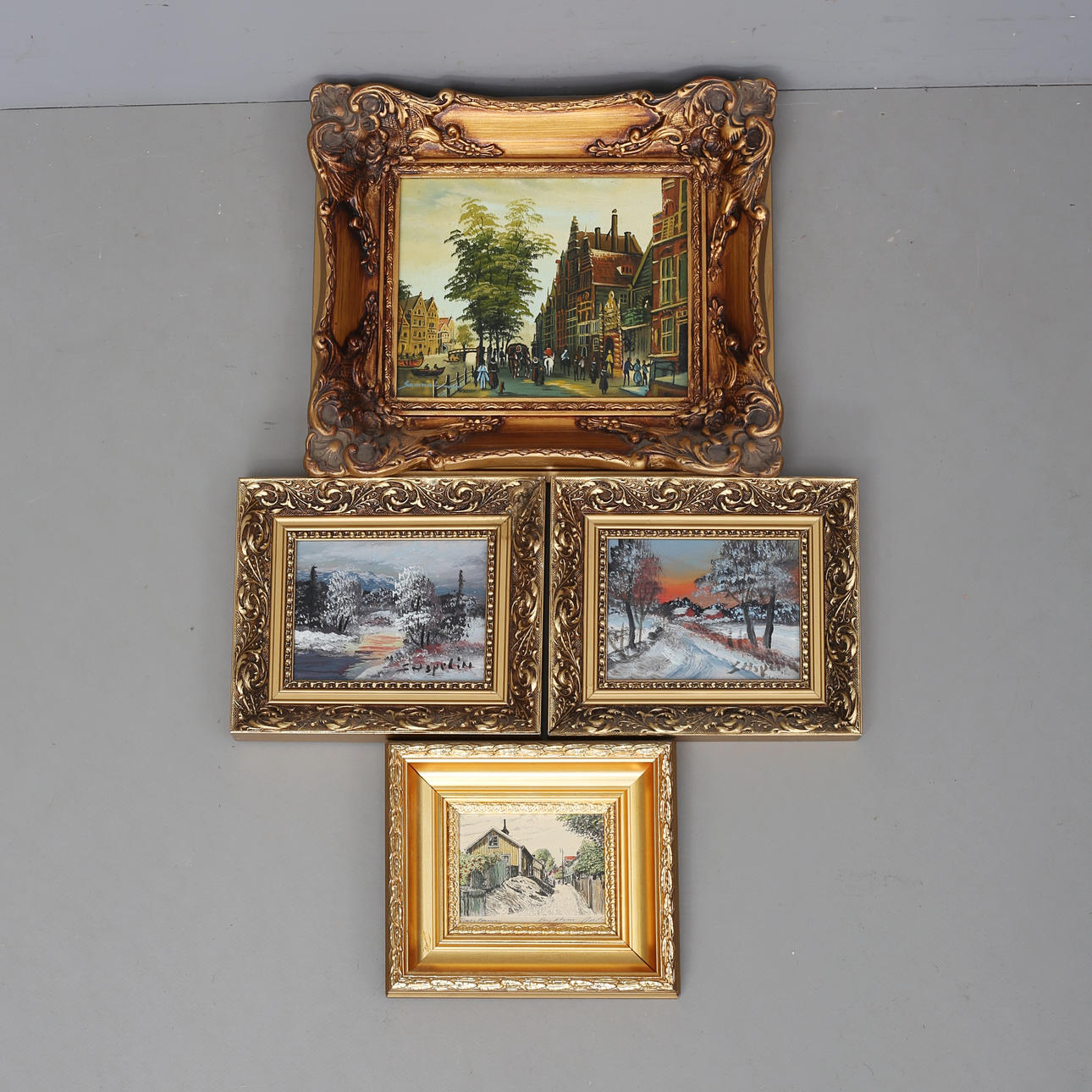 PAINTINGS with GOLD FRAMES, 4 pcs, blue Stig Aspelin.