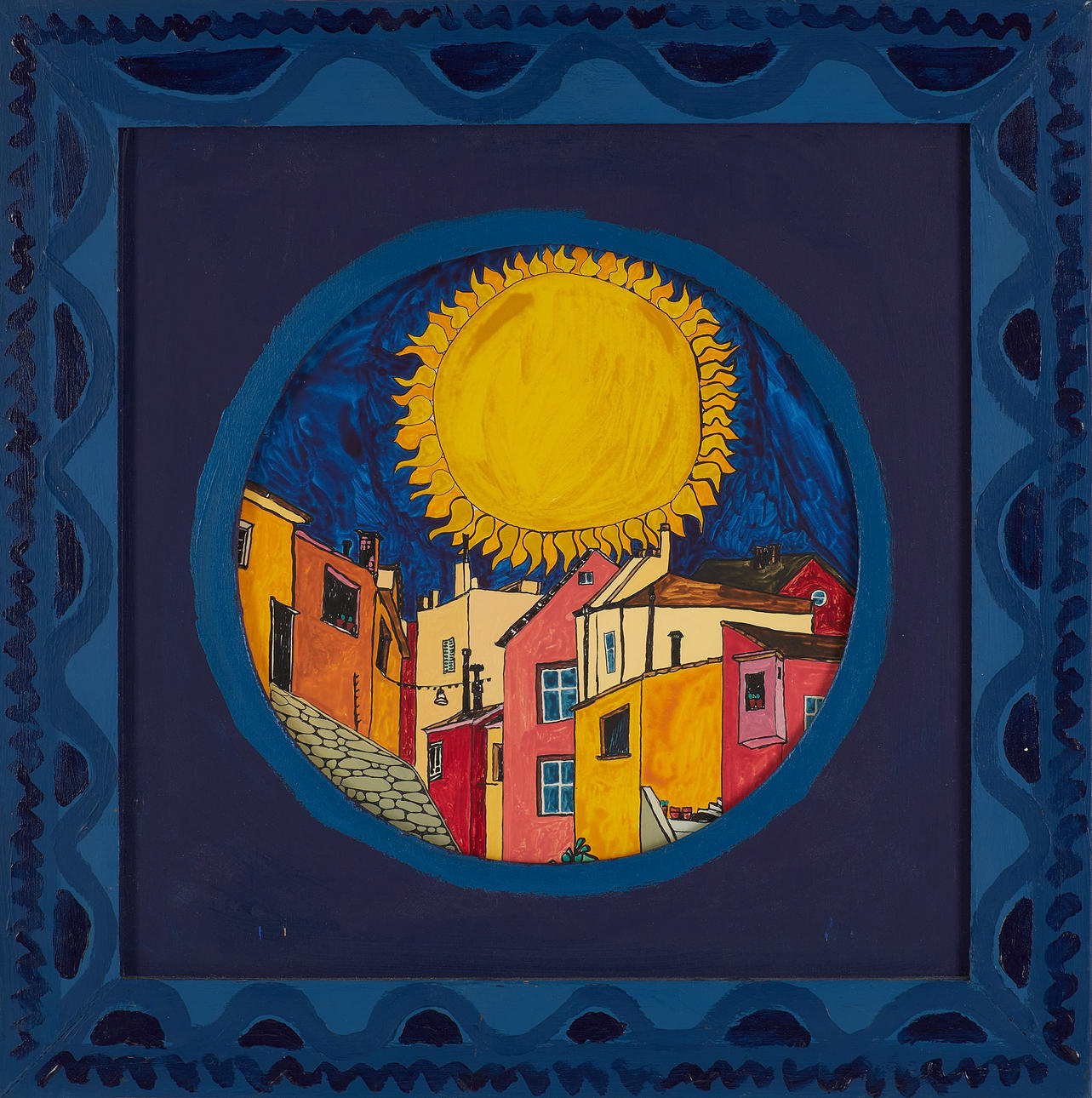 BENGT ELDE (1939-2015). Sun over house facades, mixed media, signed and dated BE. Elde 71, custom frame.