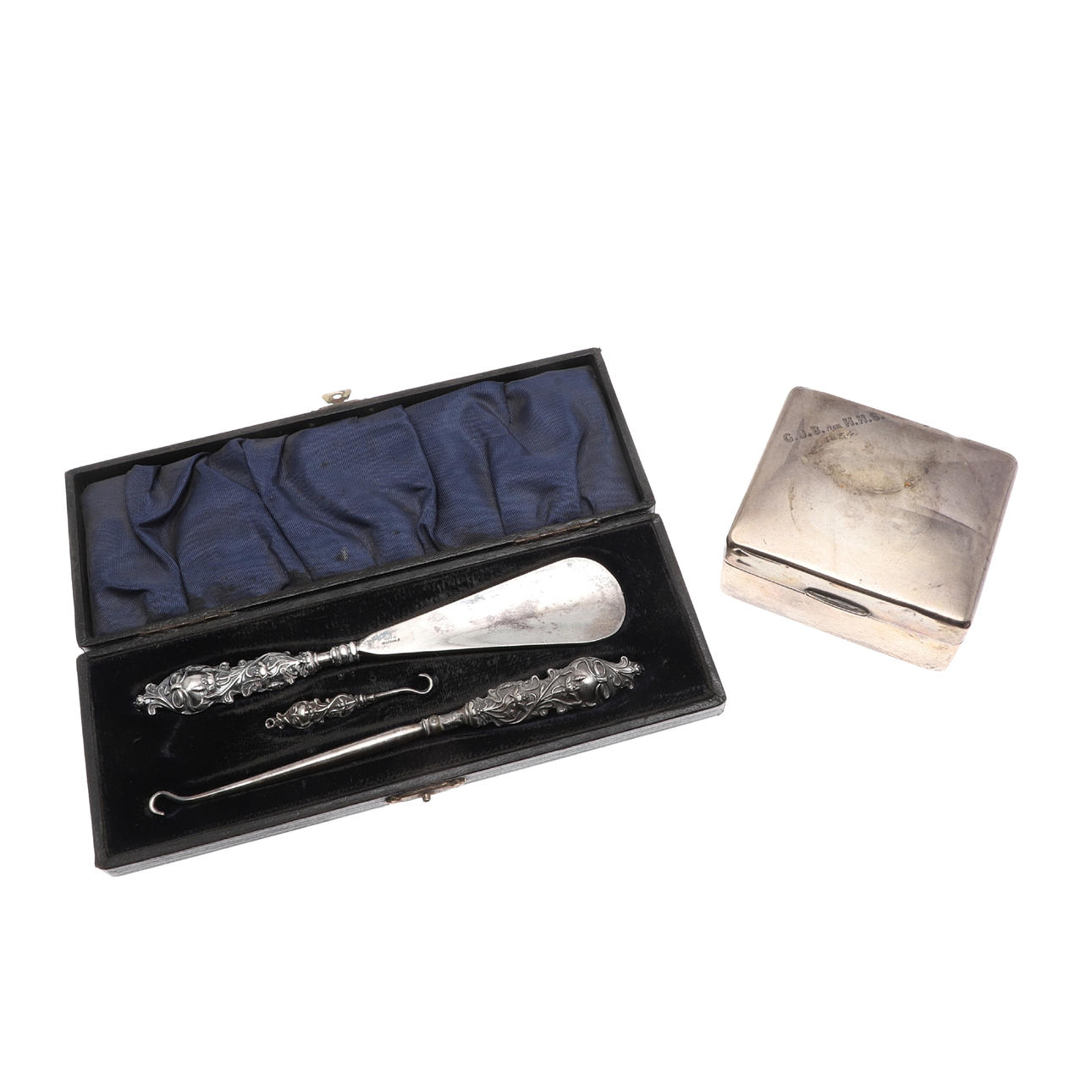 SILVER CIGARETTE BOX & CASED MANICURE SET.