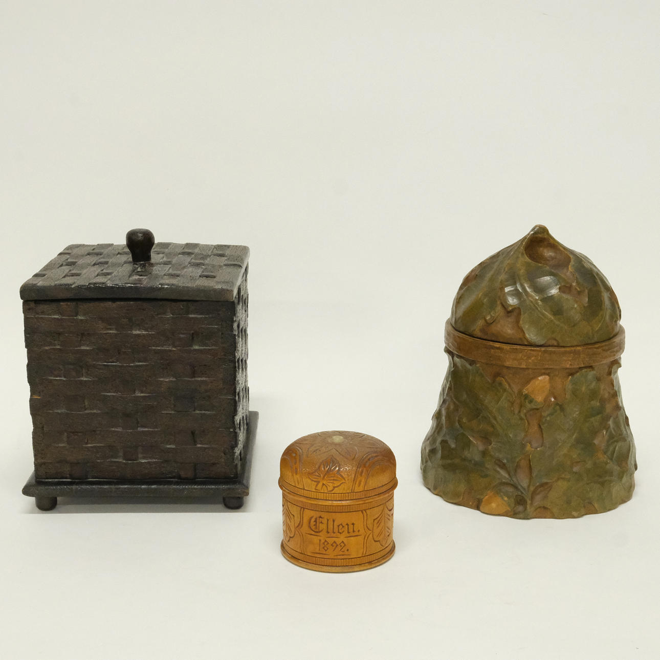 TOBACCO CANS AND ASH, THREE PIECES.