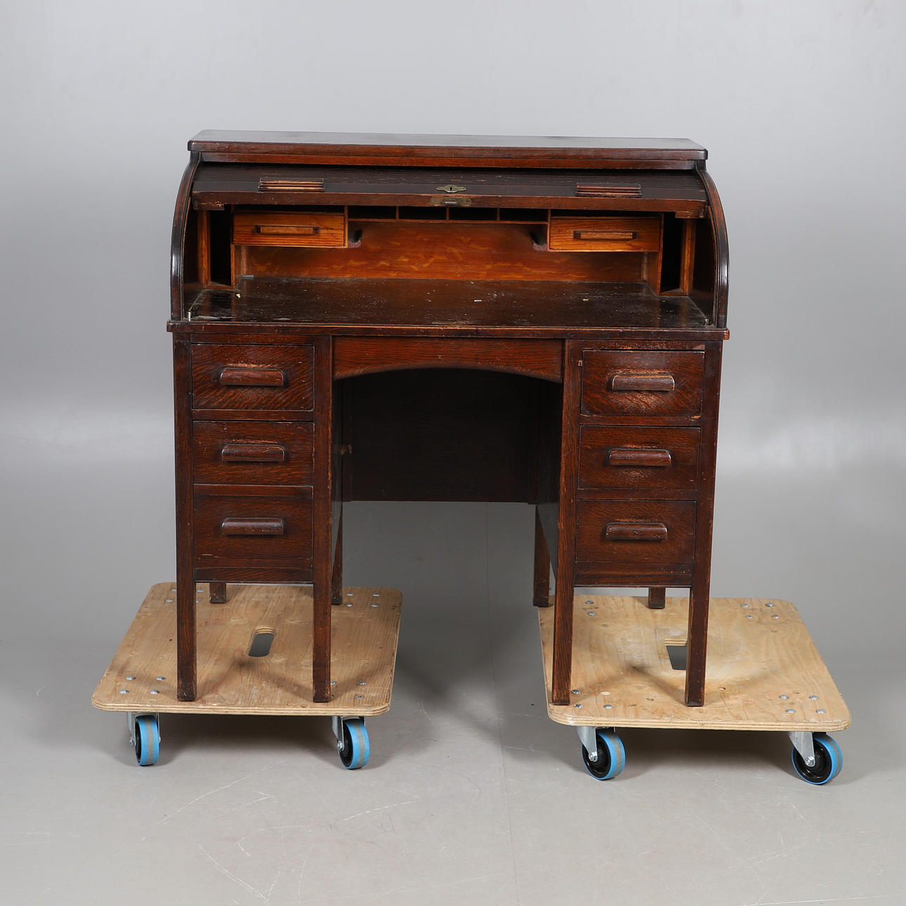 'LEBUS' OAK ROLL TOP DESK.