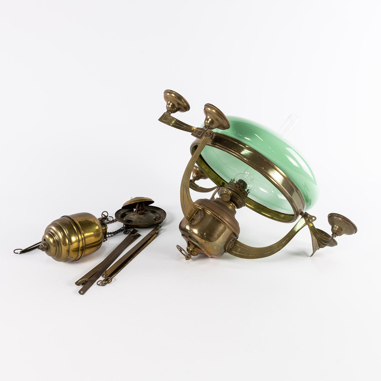 KEROSENE LAMP. Ceiling model, brass, Art Nouveau.