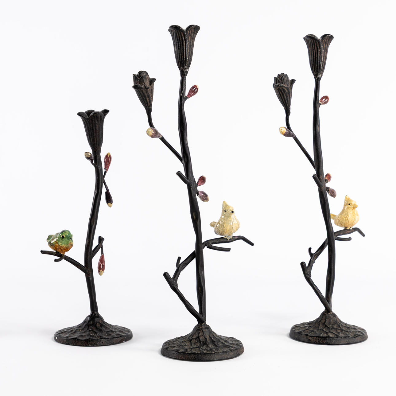 CANDLESTICKS. 3 pcs, cast iron, bird decoration.