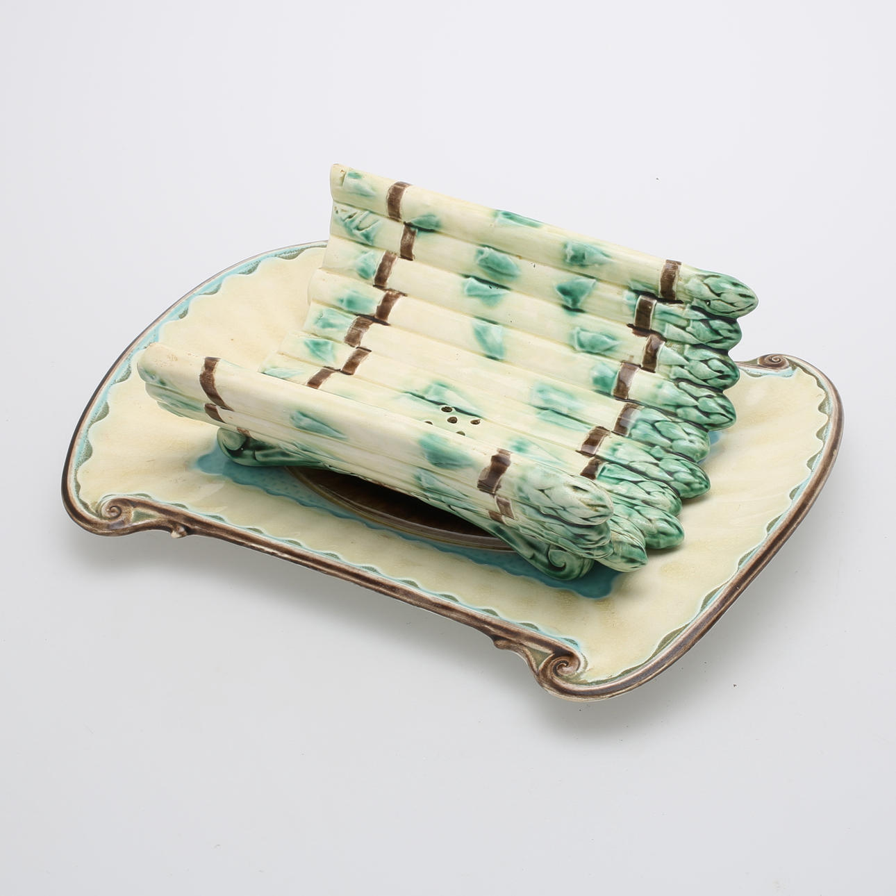 SPARRISFAT, 2 delar, majolika, Gustafsberg, omkring 1900.