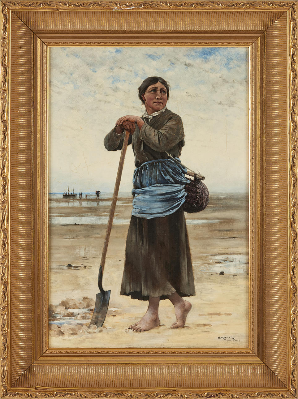 AUGUST HAGBORG. Mussel picker, oil on panel, signed, dated Paris 1880.