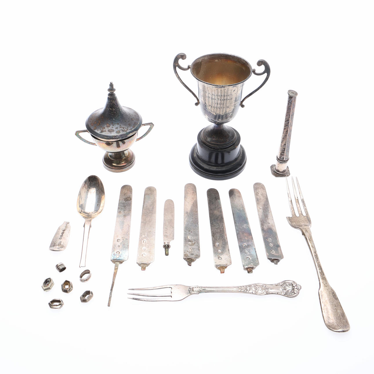 SMALL GEORGE V SILVER TROPHY CUP AND OTHER SILVER.