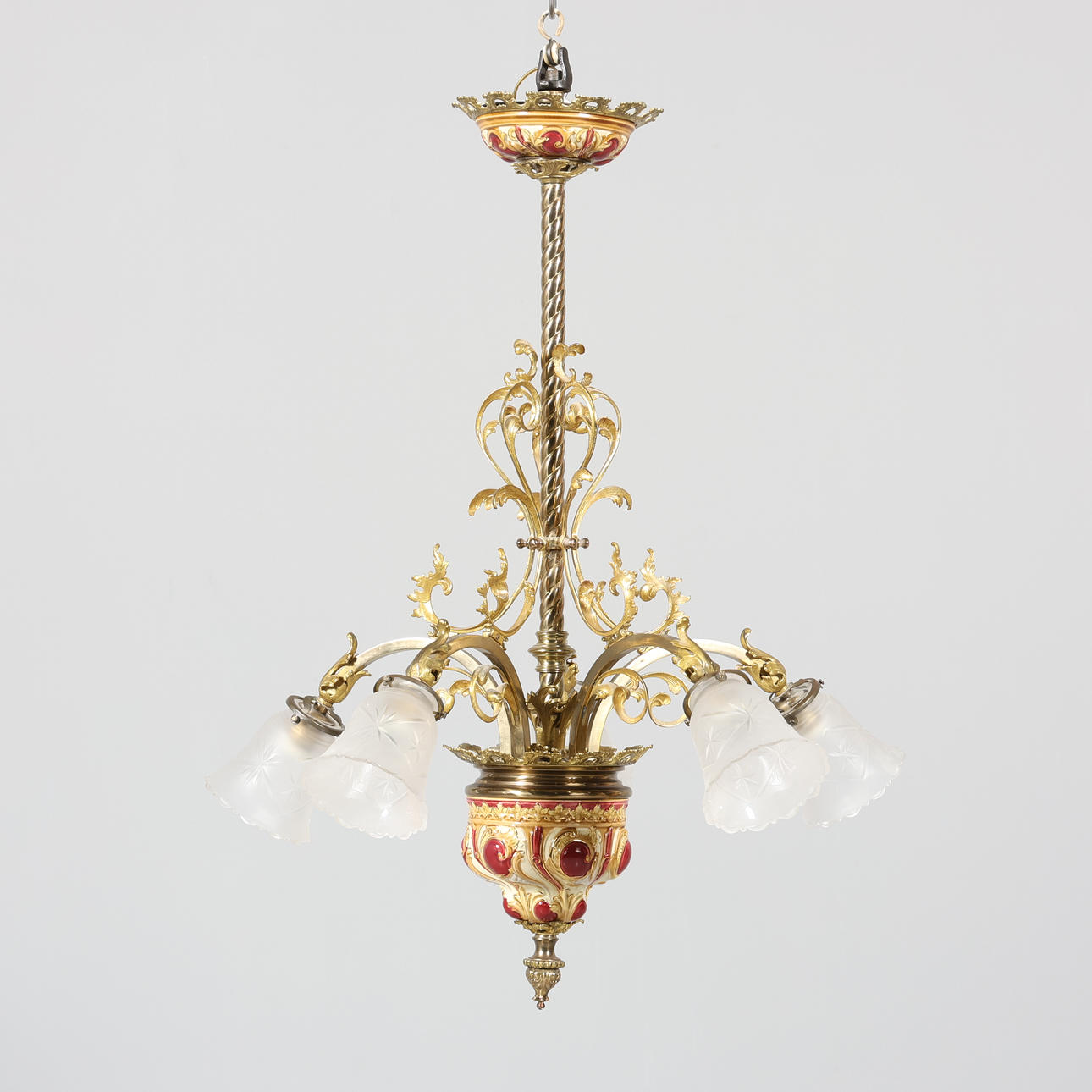 A 5-arm ceiling lamp, Majolica.