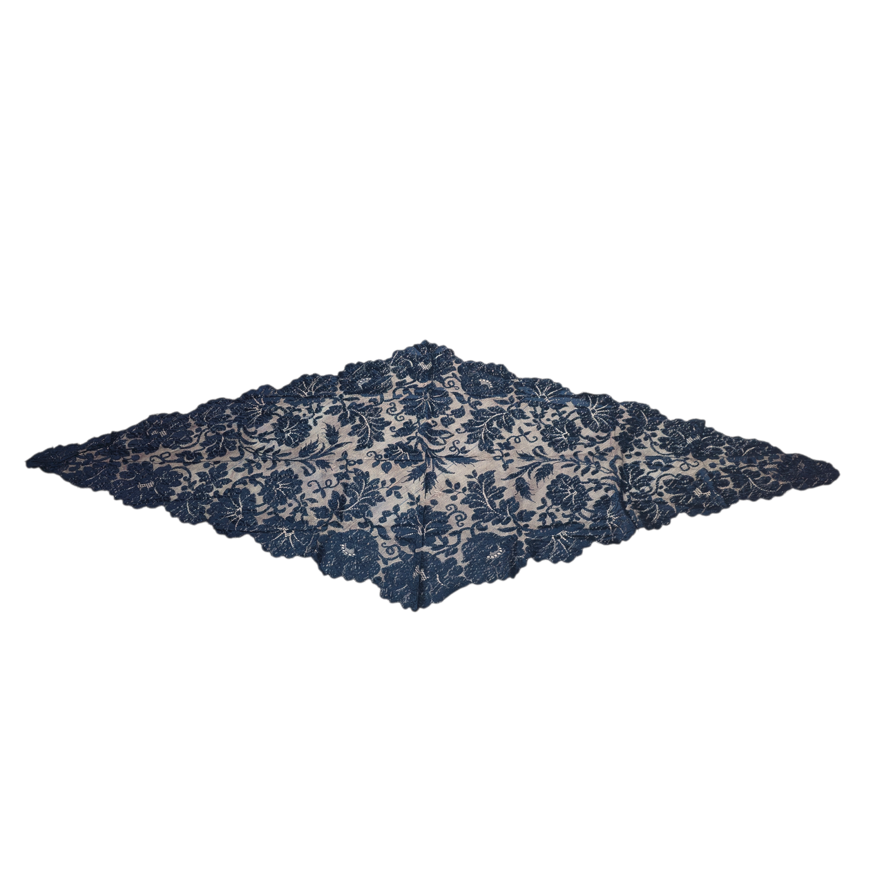 Black embroidered three-pointed blanket with flowers.