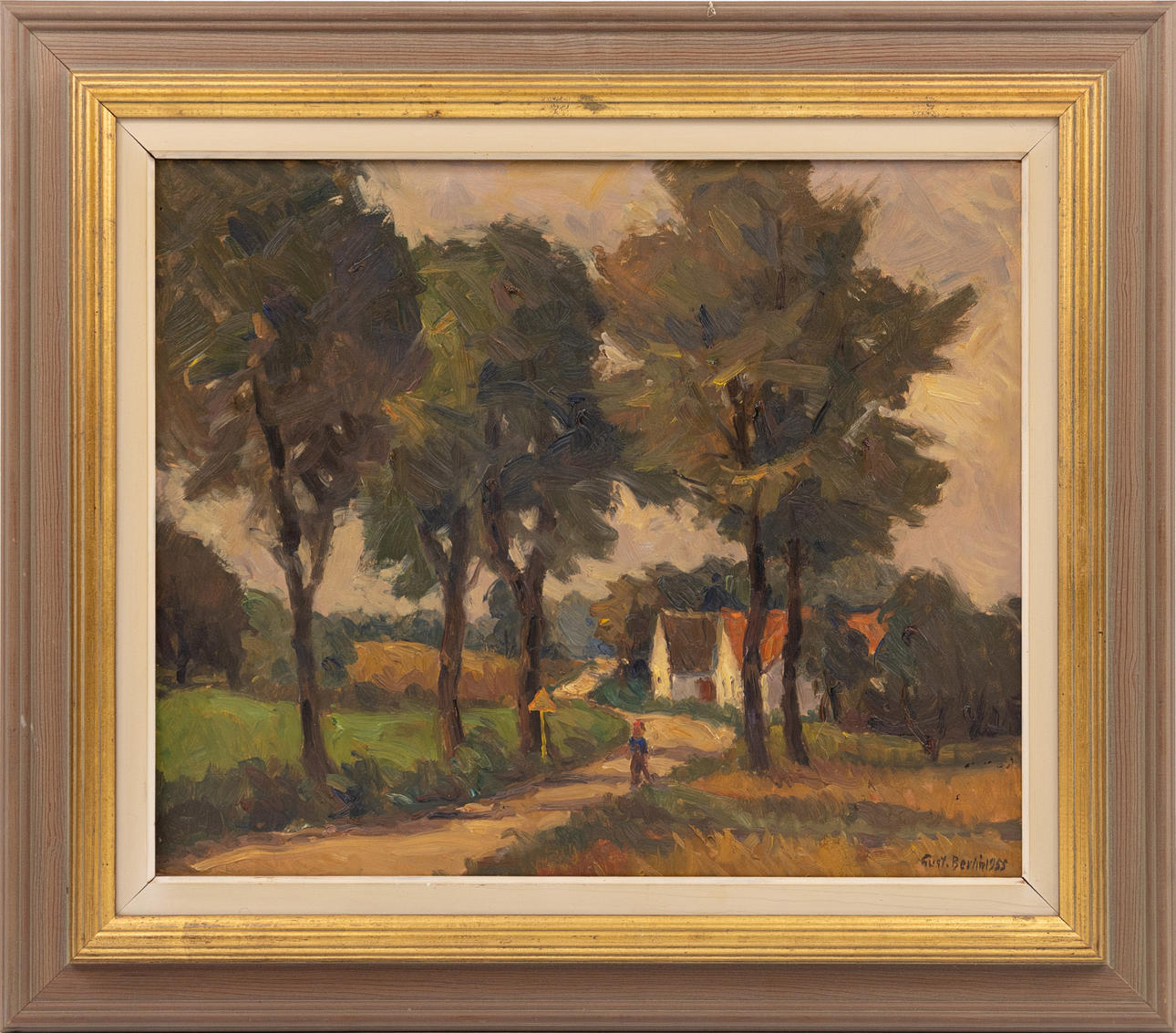 GUSTAV BERLIN. Oil on panel, “Bygata”, signed.