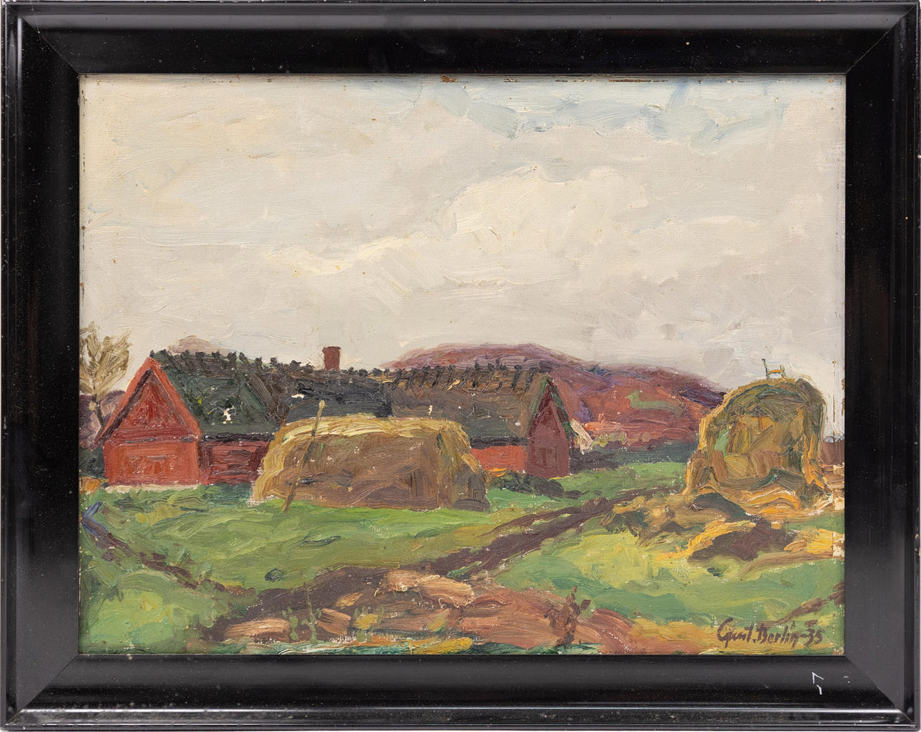 GUSTAV BERLIN. Oil on panel, farm motif, signed, dated 1935.